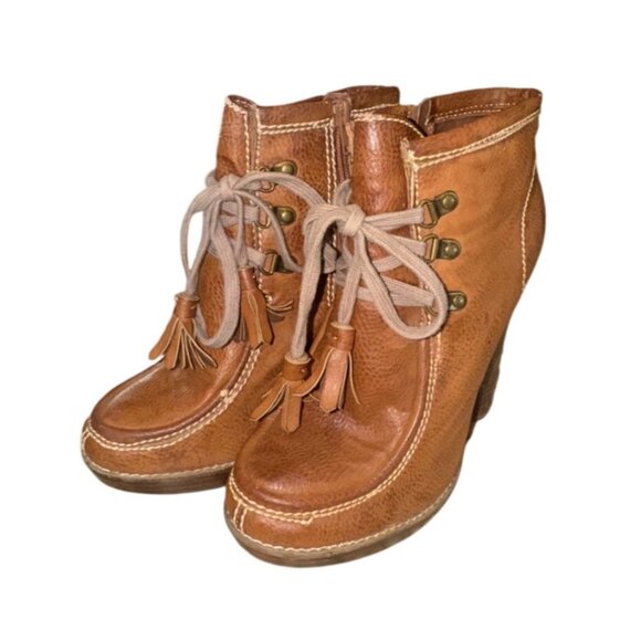 MIA Y2k Steampunk Retro Tan Lace-Up Block High Heel Leather Ankle Booties boho - Picture 2 of 11